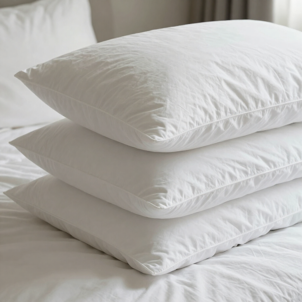 Tres almohadas blancas apiladas sobre una cama blanca