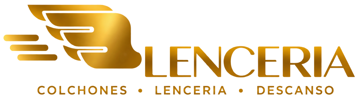 Logo de Lencería en dorado, con alas estilizadas y el eslogan «Colchones • Lencería • Descanso»