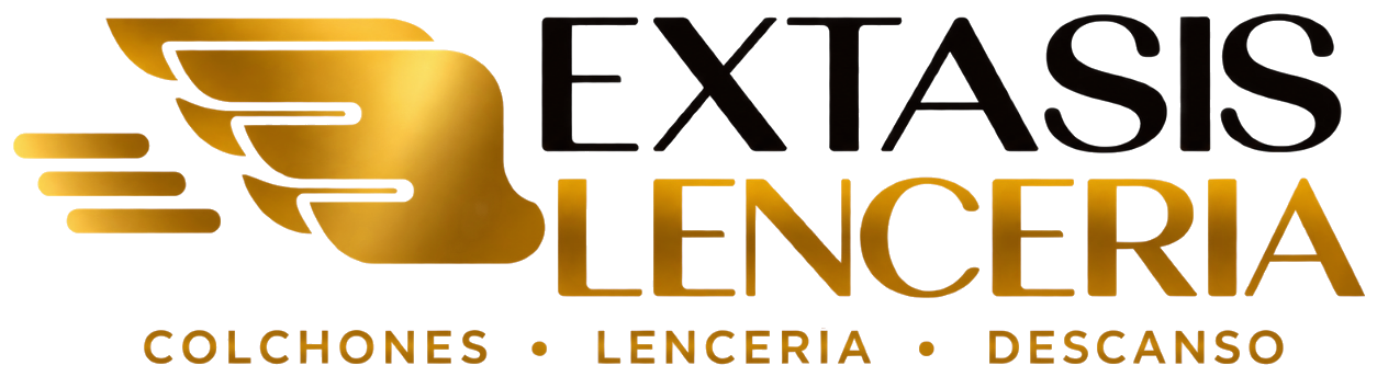Logotipo de Éxtasis Lencería en dorado y negro, con alas estilizadas y el lema «Colchones · Lencería · Descanso»