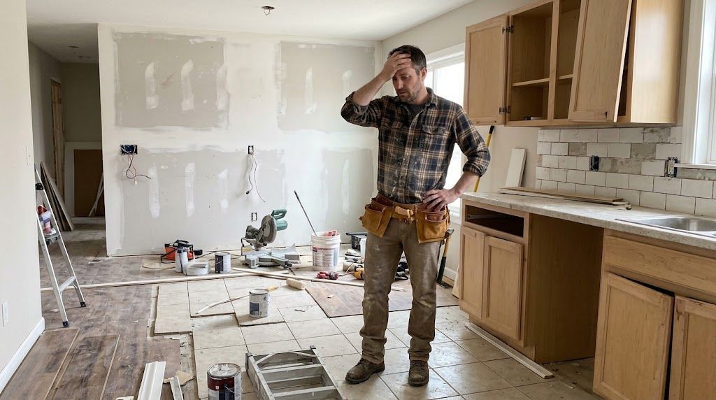 A stressed man in a tool belt holding his head inside an unfinished kitchen under renovation.