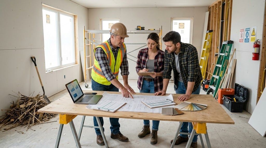 Real estate investors and a contractor reviewing renovation plans and project costs inside a house u