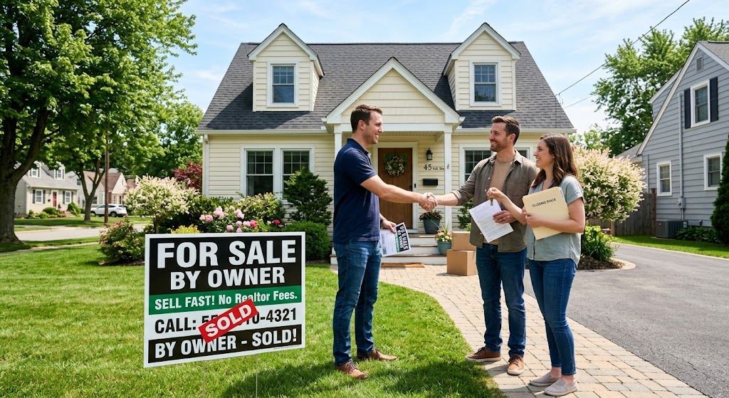 Family handing over house keys after selling a home without a realtor