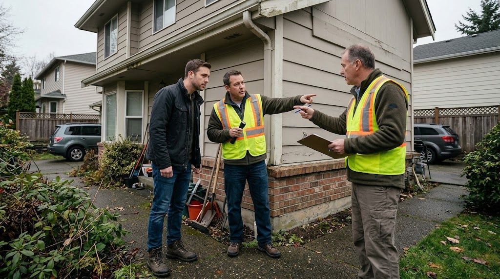 Property buyer and home inspectors evaluating the exterior condition of a residential investment property before purchase.