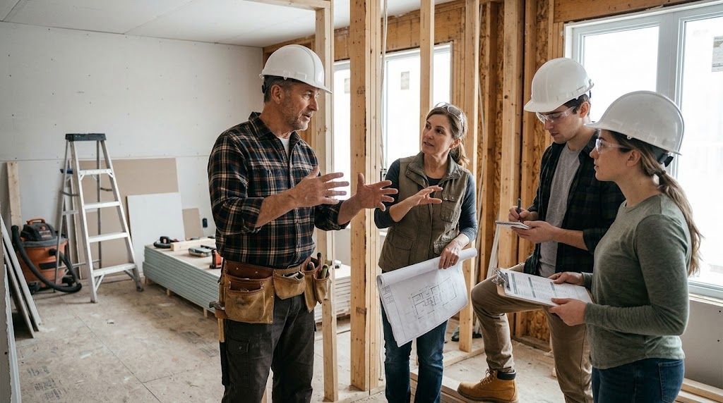 Experienced contractor discussing renovation plans with a real estate investment team inside a partially remodeled home.