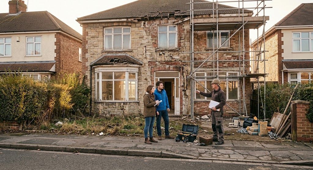 Home renovation project with contractors inspecting and planning repairs on a fixer-upper property.