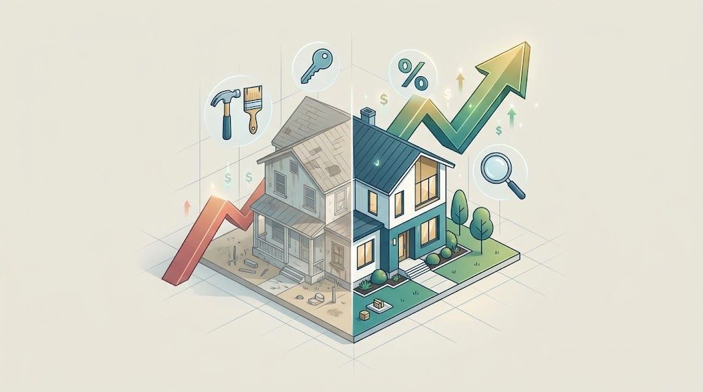 Graphic showing a house before and after renovation alongside financial charts and key symbols.