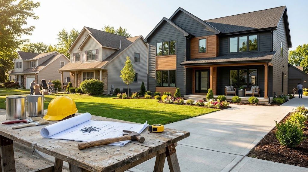 A wooden workbench with house plans, hard hat, and tools in front of a modern renovated home.