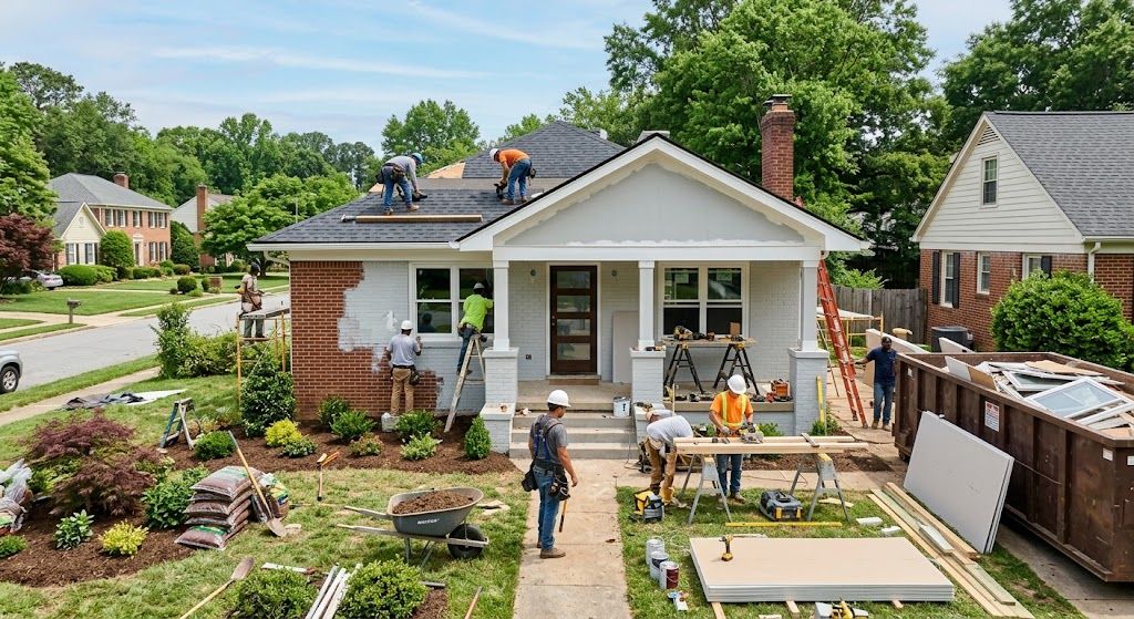 Residential home renovation in progress with workers improving a property for a successful house flip.