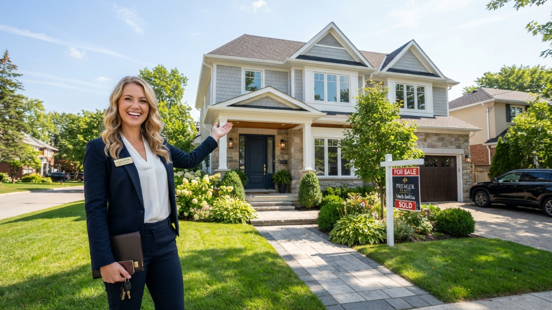 Realtor standing beside a for-sale sign in front of a suburban house