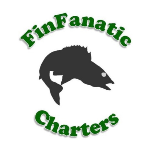 FinFanatic Charters logo with green curved text and a black fish silhouette on a white background
