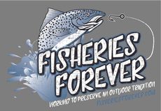 A logo for fisheries forever with a fish jumping out of the water