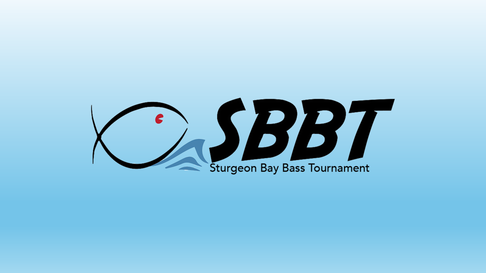 Logo: SBBT - Sturgeon Bay Bass Tournament, fish outline, waves, black text.