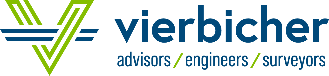 Vierbicher logo with green and blue geometric V and the text “vierbicher advisors / engineers / surveyors”