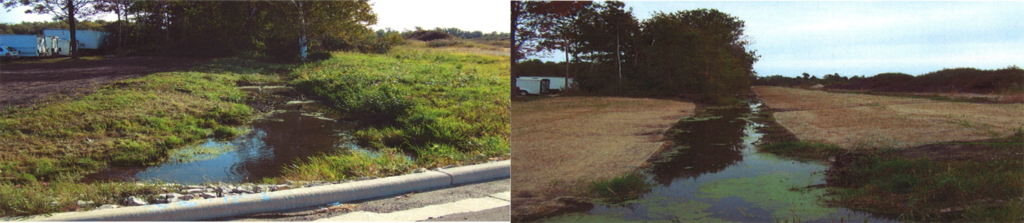 A before and after picture of a river with trees in the background