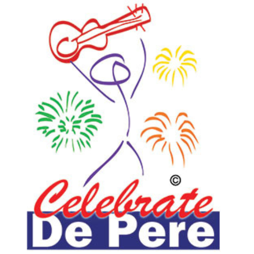 Celebrate De Pere logo with colorful guitar, fireworks, and purple figure on white background