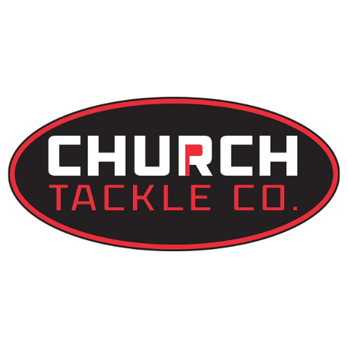 Church Tackle Co. logo in black, red, and white inside an oval outline