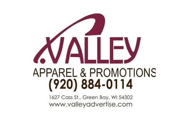 Valley Apparel & Promotions logo with phone number, address, and website in maroon and black
