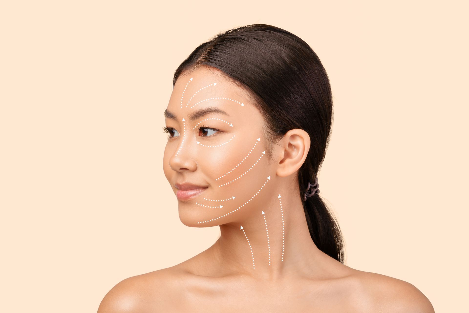 Woman with dotted facial outline and neck lines, looking left on a beige background