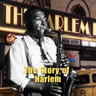 Jazz musician performing before the Harlem sign, with “The Story of Harlem” text overlaid.