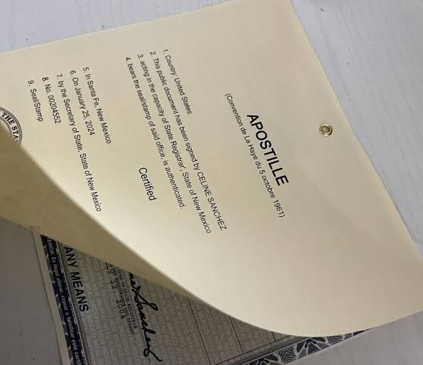Apostille, certified translation, passport, and notary stamp on a professional document services des