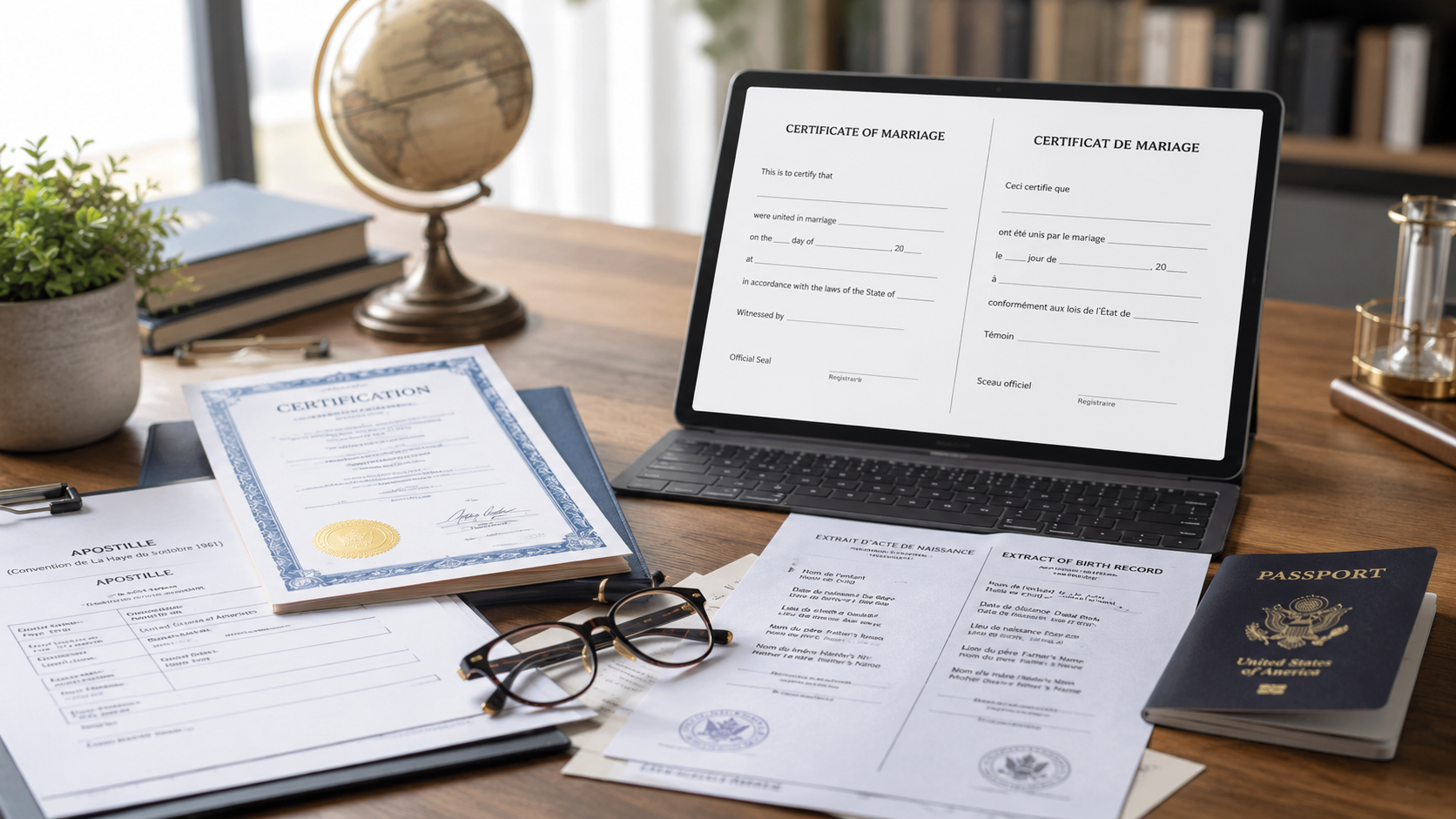 Certified translation documents with apostille forms, passport, and notary stamp on a professional d