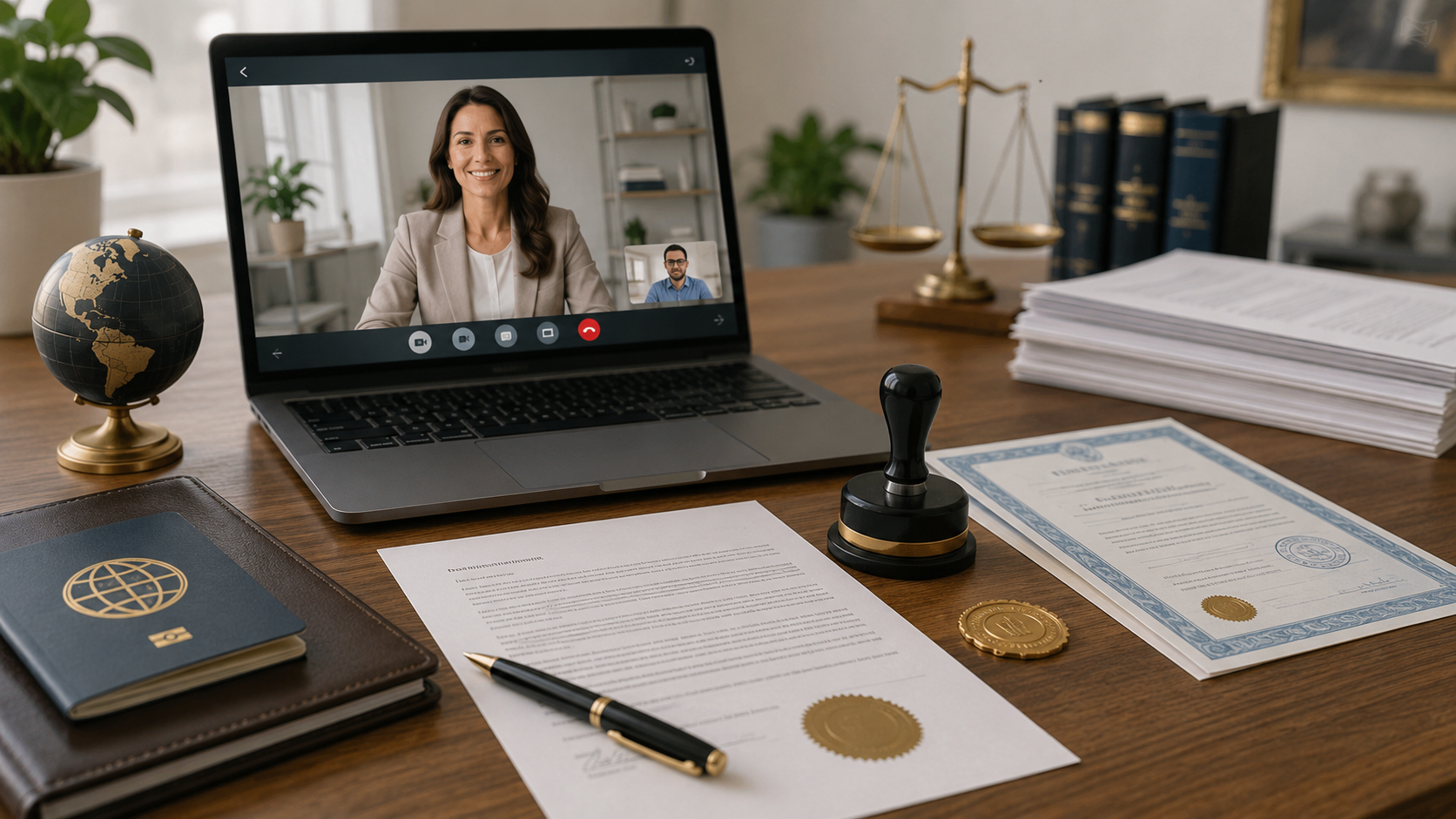 Remote online notarization setup with apostille documents, passport, seal, and video signing session