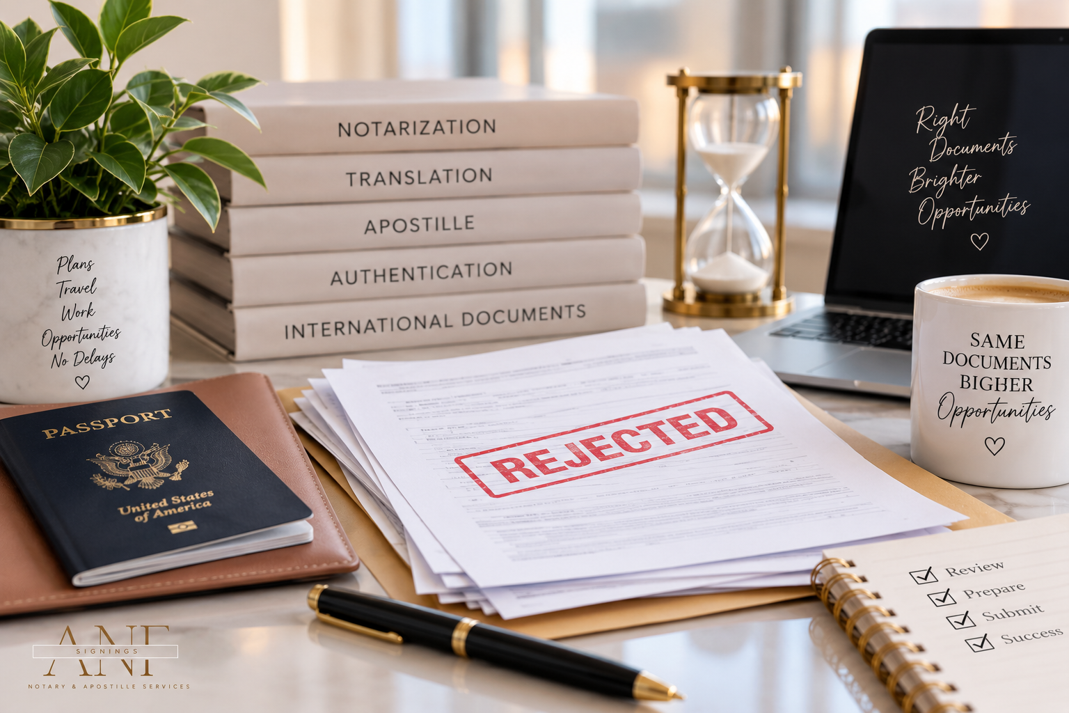 Rejected document on desk with passport, checklist, and legal paperwork showing common document mist