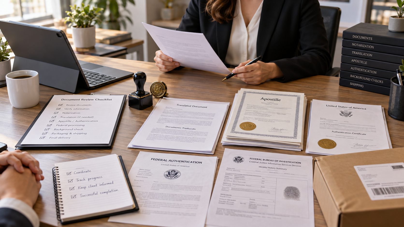 ANF Signings document review desk with notarization, translation, apostille, authentication, and shi