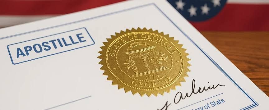 State apostille and federal authentication documents with passport, seals, and legal paperwork on de