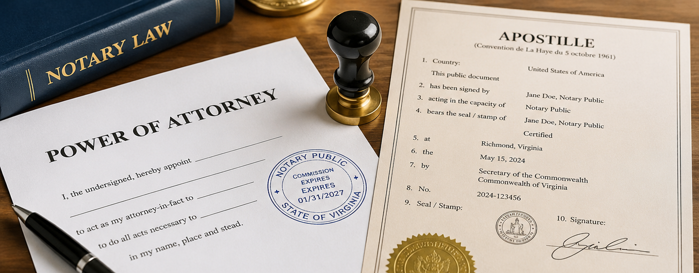 Power of attorney document with apostille certificate, notary stamp, passport, and international map