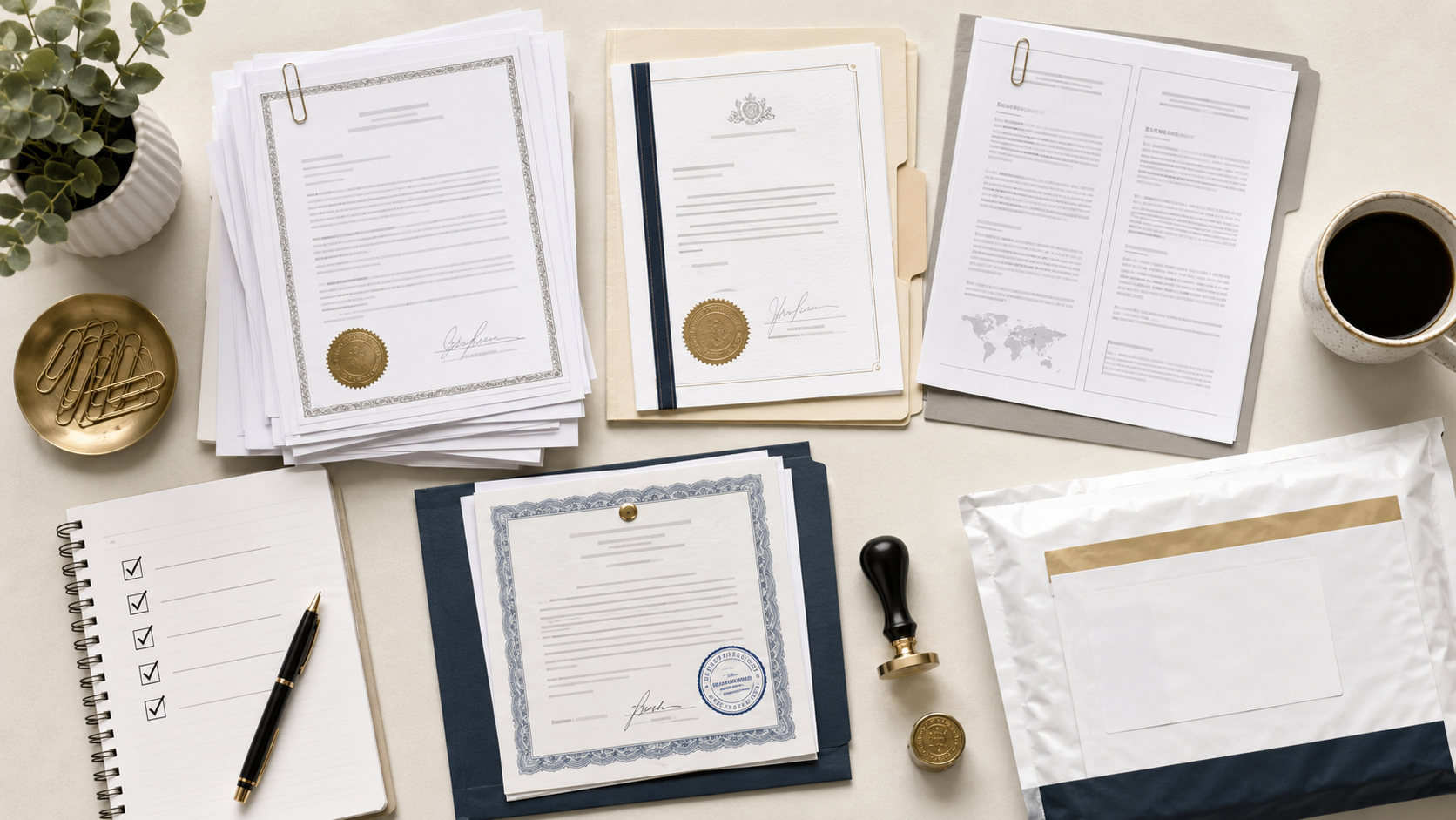 Legal documents showing notarization, apostille, translation, and shipping steps for international u