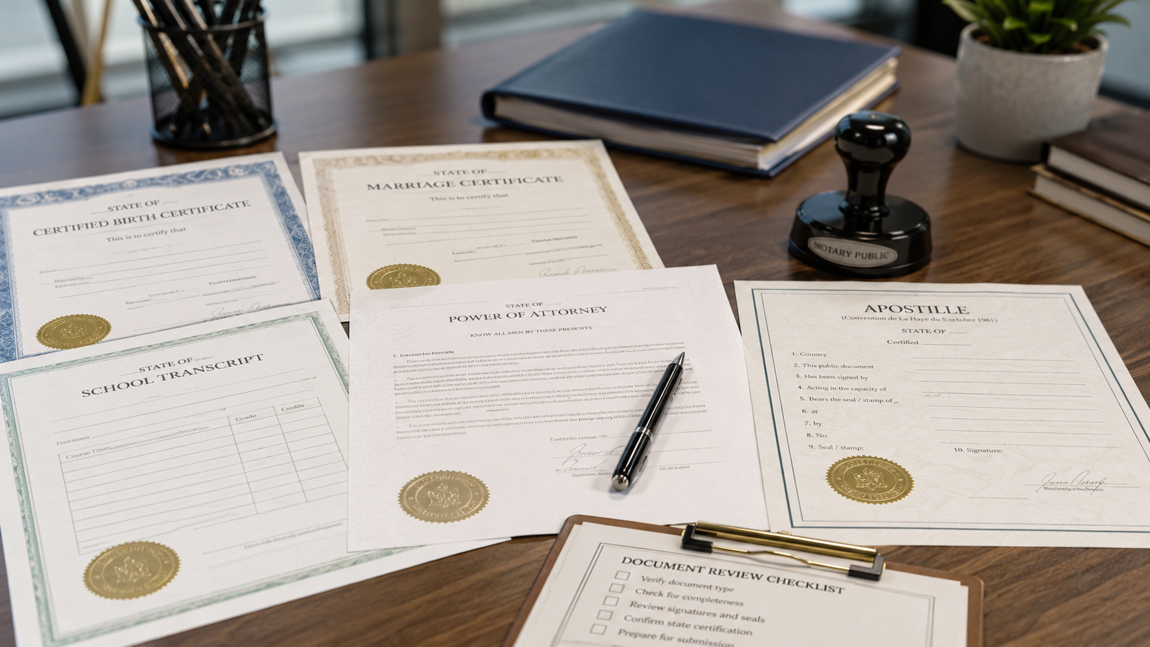 State and federal document processing examples for apostilles, authentication, and official records