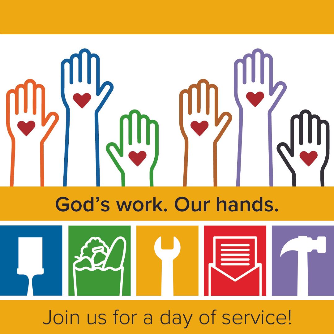 God's work. Our Hands. Raised hands with hearts and activity icons.