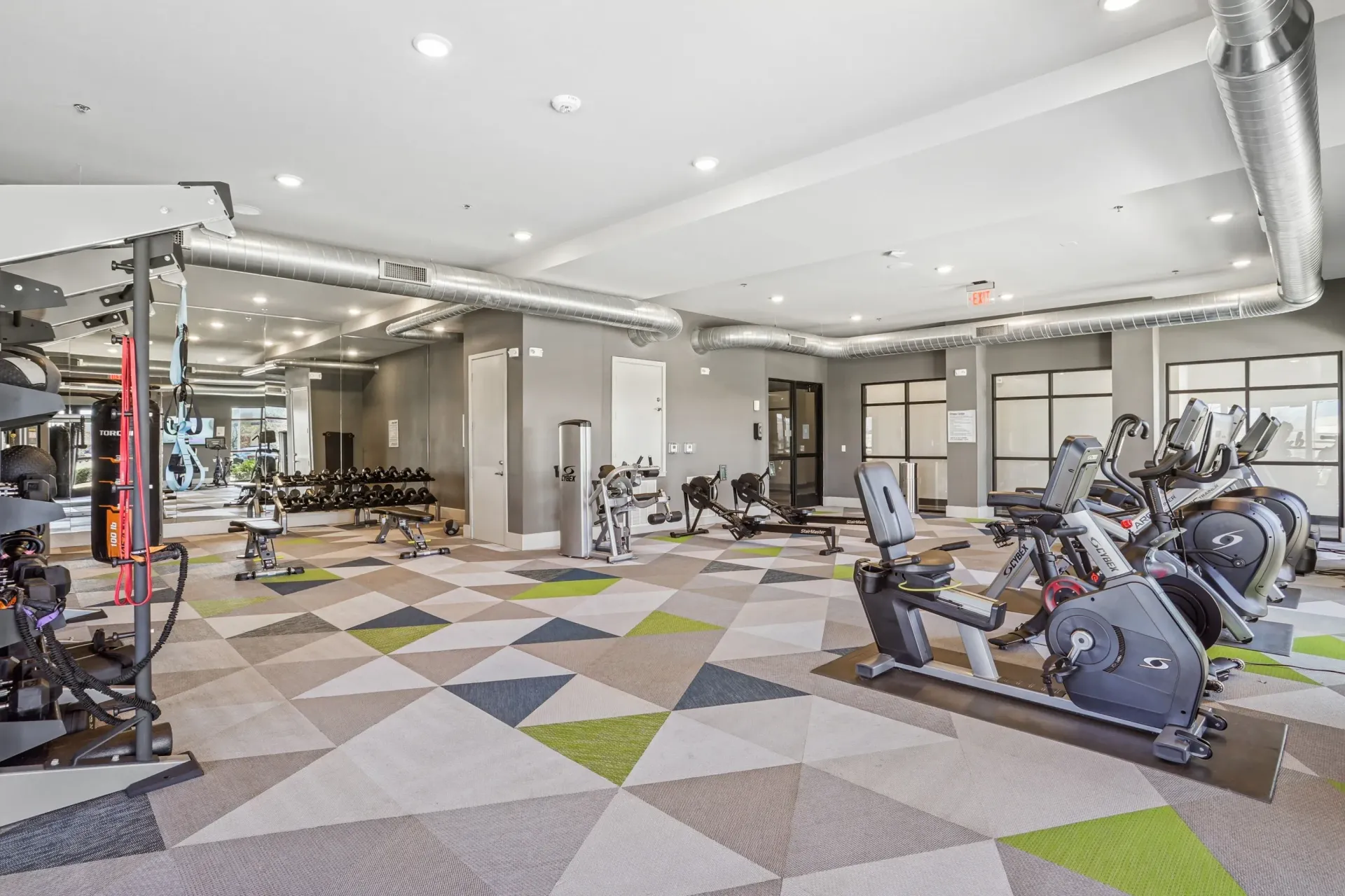 Modern apartment fitness center with cardio machines, free weights, and benches.