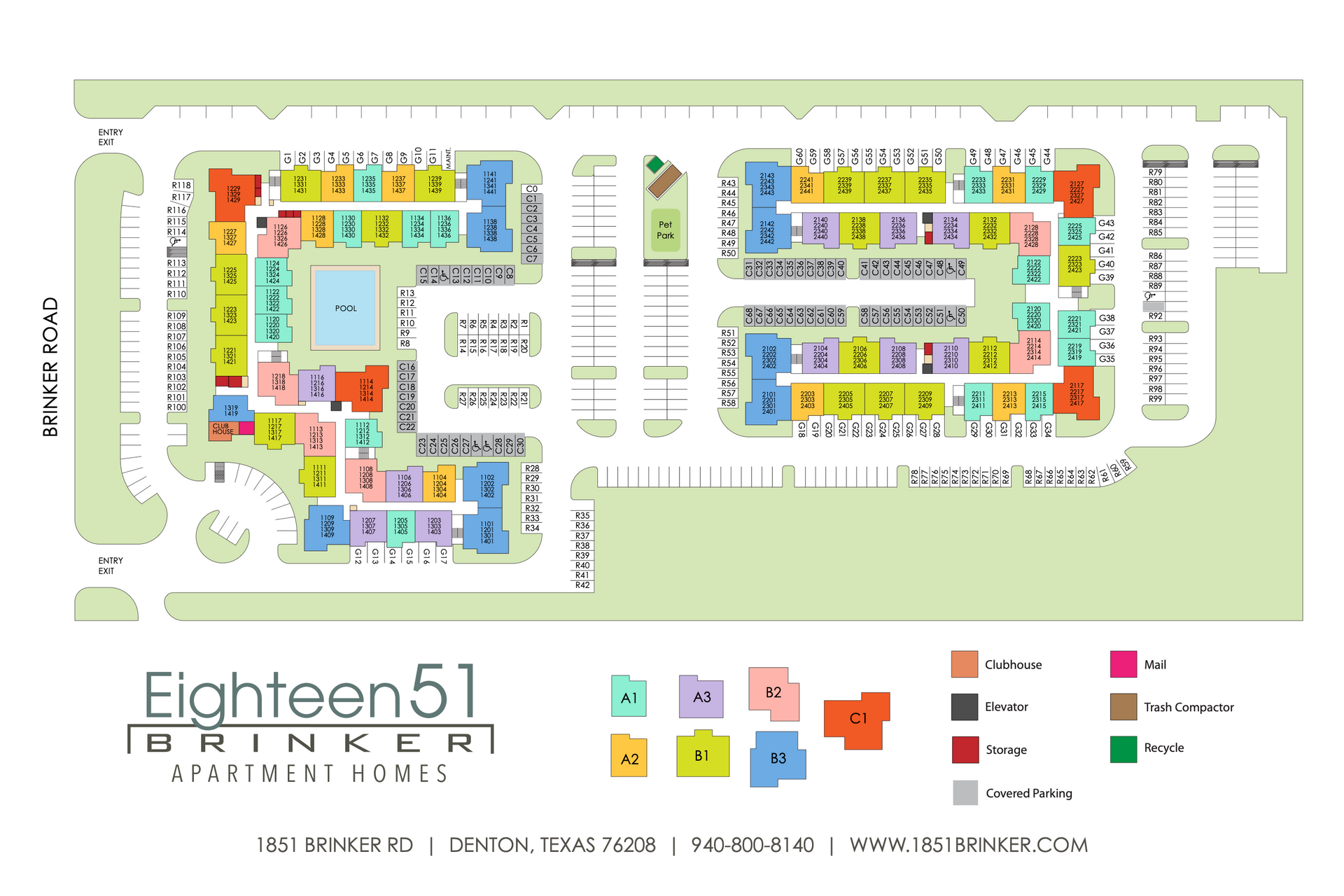 Colorful site map of Eighty81 Brinker apartment complex with labeled buildings and amenities.
