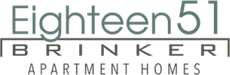 Logo for "Eighteen51 Brinker Apartment Homes" with the name in large, dark teal font over a line and centered text.