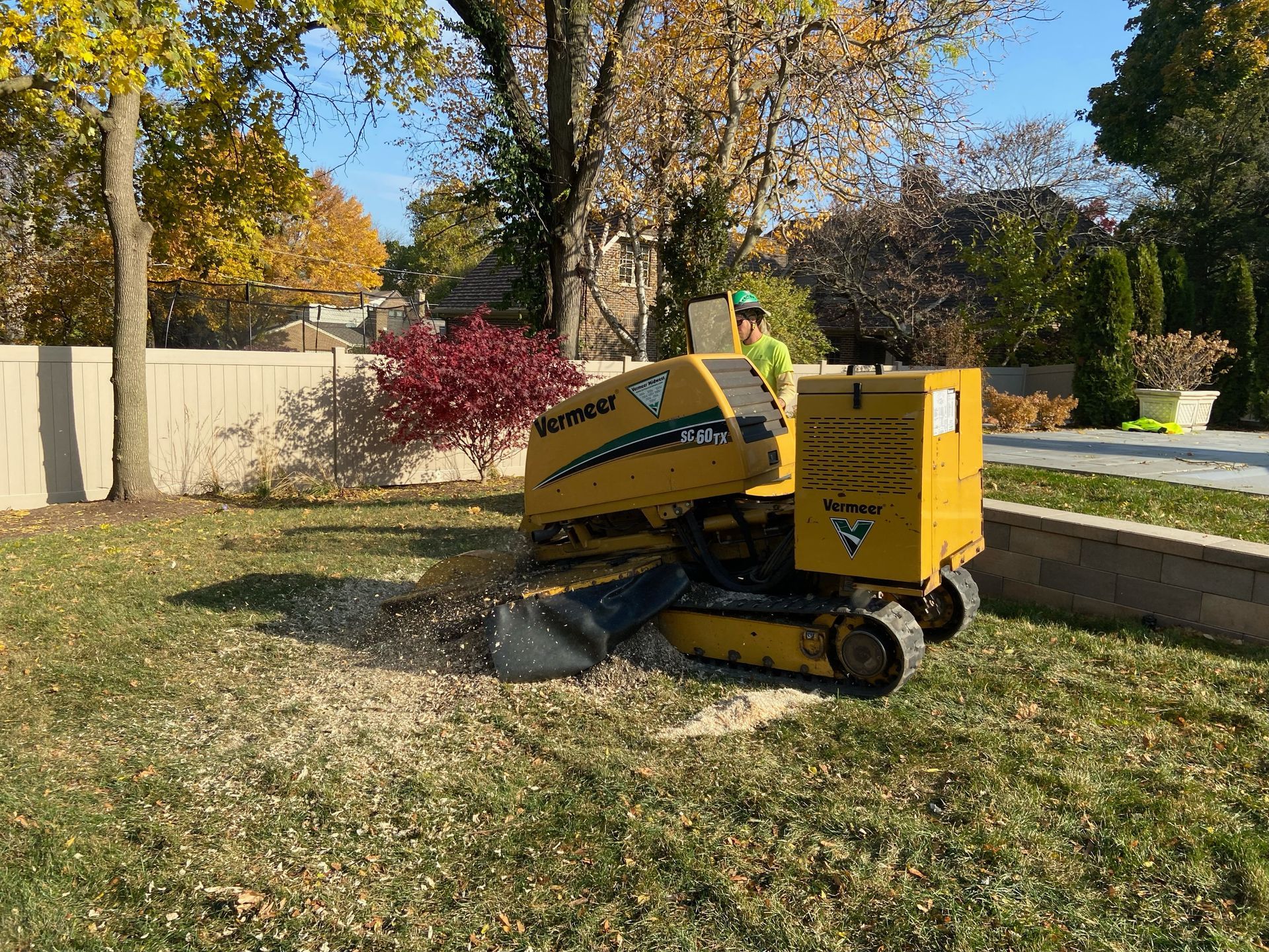 Yellow stump grinder removing a tree stump in a yard with an operator.