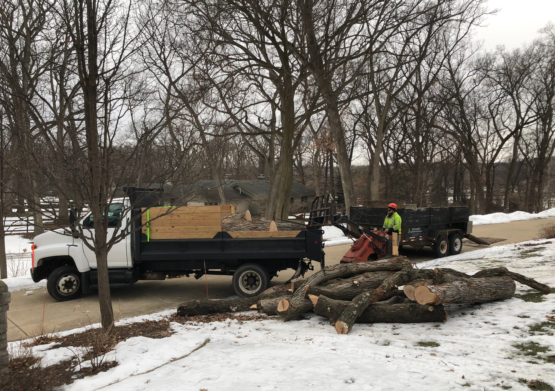 Tree removal cleanup with log loading equipment and dump truck during winter tree care service.