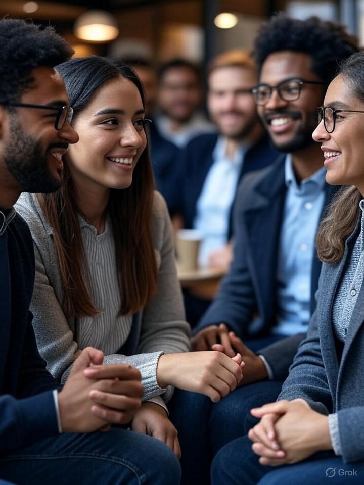 Four people chatting and smiling in a café, seated closely in a casual group conversation.