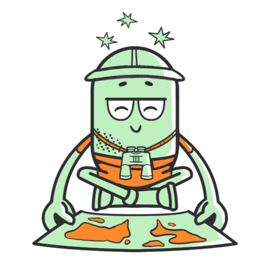 Sleeping green cartoon character meditating on a mat, with stars above its head and binoculars on its chest