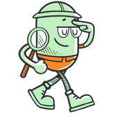 Cartoon green tennis ball character walking, wearing a cap, orange shorts, and carrying a racket, shading its eyes.