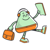 Cartoon green triangular student with headphones, orange bag, and paper, walking and smiling