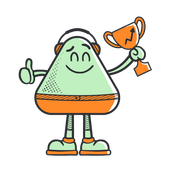 Smiling green cartoon character holding a trophy and giving a thumbs-up