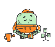 Cartoon green robot meditating in orange outfit beside a coffee mug and small plant