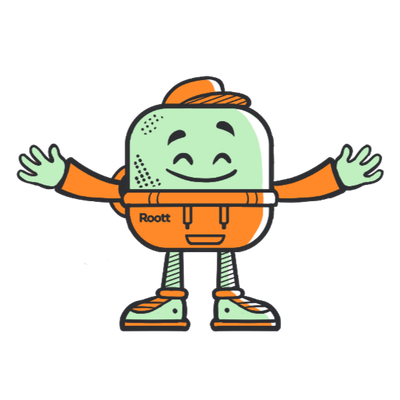 Smiling green robot mascot in orange outfit with arms outstretched, wearing cap and sneakers