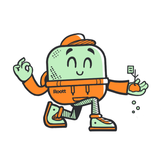Cartoon green robot in orange clothes and hat, smiling and walking while holding a small device.