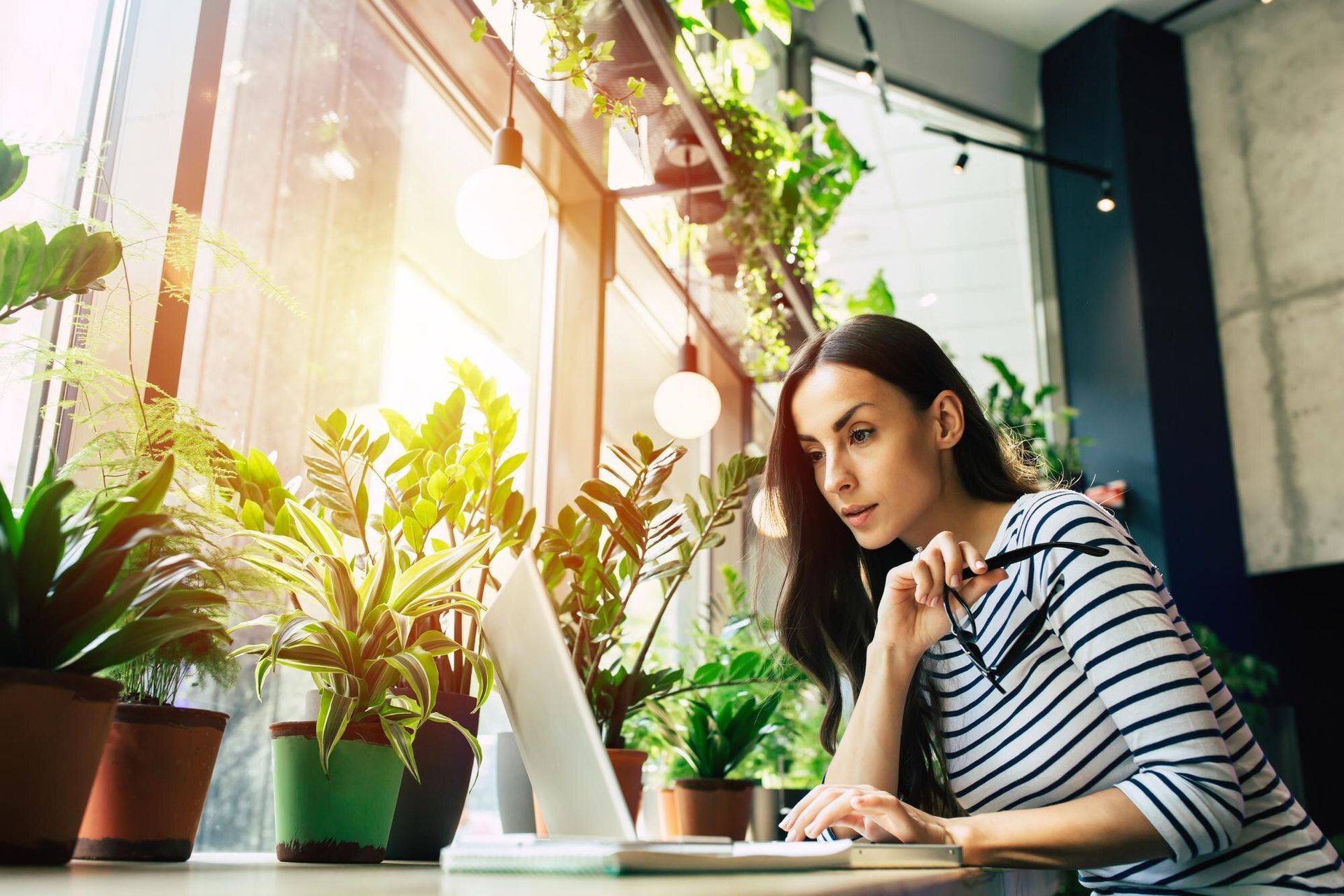 Woman working at a desk beside sunlit potted plants in a bright office