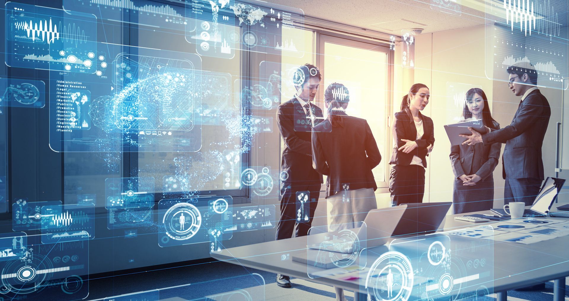Business team meeting in a glass-walled office with futuristic digital interface overlays
