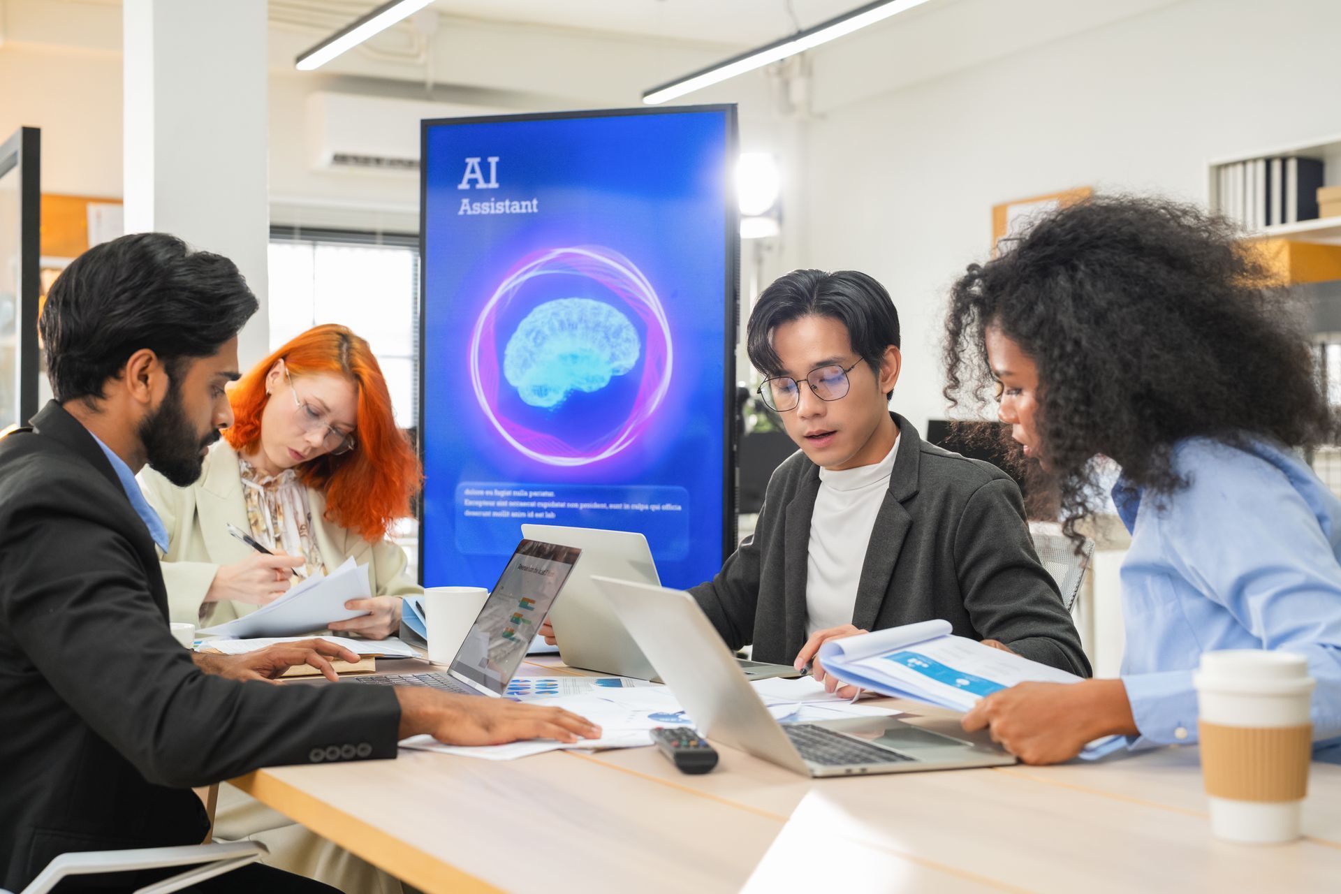 Team meeting around laptops in a bright office, with a glowing AI display in the background.