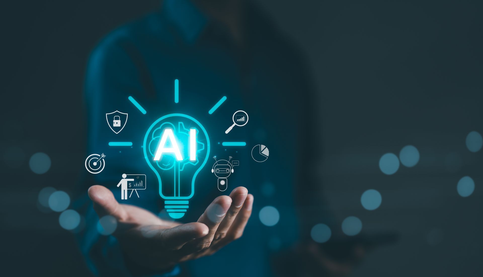 Hands holding a glowing AI lightbulb icon with digital symbols on a dark blue background